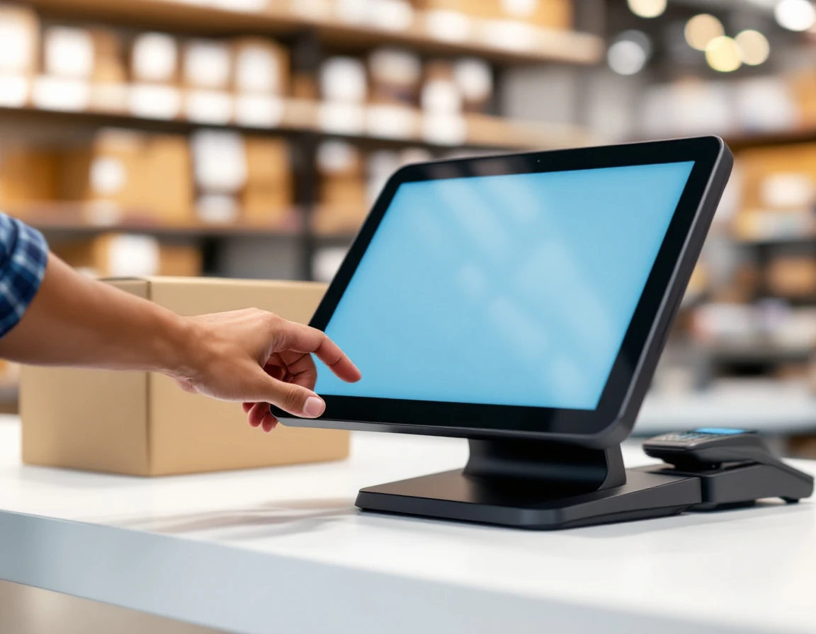 Modern POS terminal on retail counter with customer hand completing transaction at shipping store