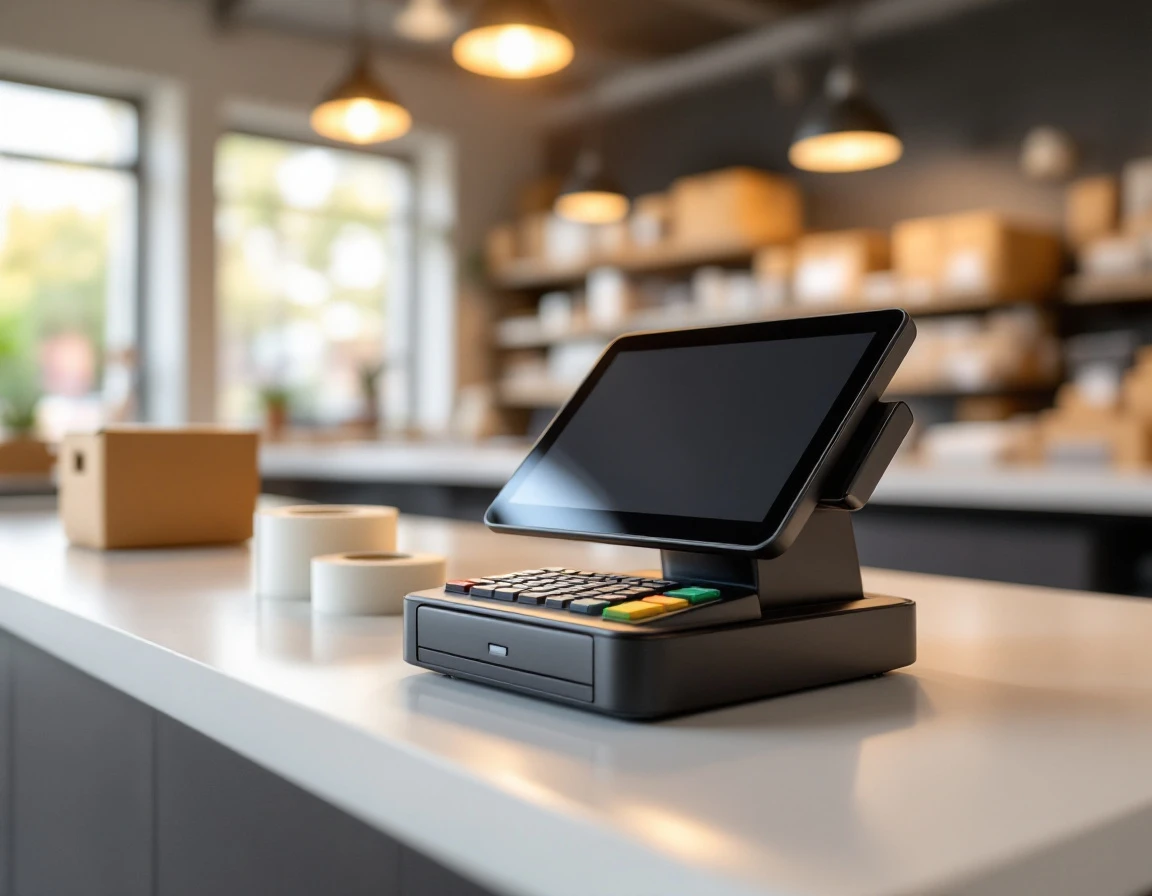 Point-of-sale terminal with card reader on retail counter beside shipping supplies in natural lighting