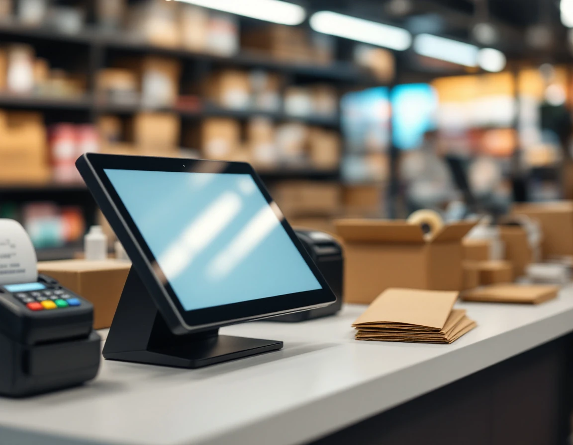 Modern POS terminal and receipt printer on retail checkout counter with shipping supplies