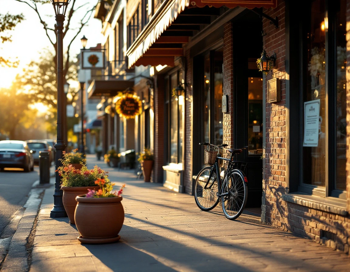 Small business storefronts along a Main Street neighborhood during golden hour with selective focus on street details