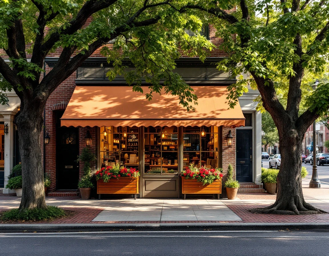 Independent storefront on tree-lined neighborhood street with simple awning and flower boxes