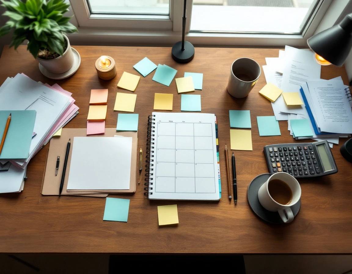 Overhead view of organized desk with color-coded sticky notes, planner, and office supplies for shift scheduling