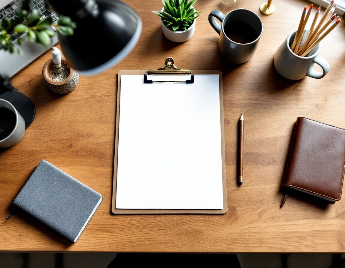 Blank clipboard and office supplies arranged on wooden desk with natural lighting