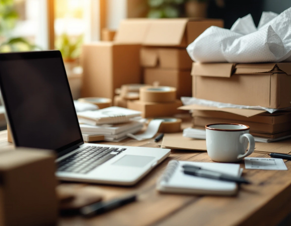 Packing station workspace with shipping boxes, tape dispenser, and coffee mug on wooden desk