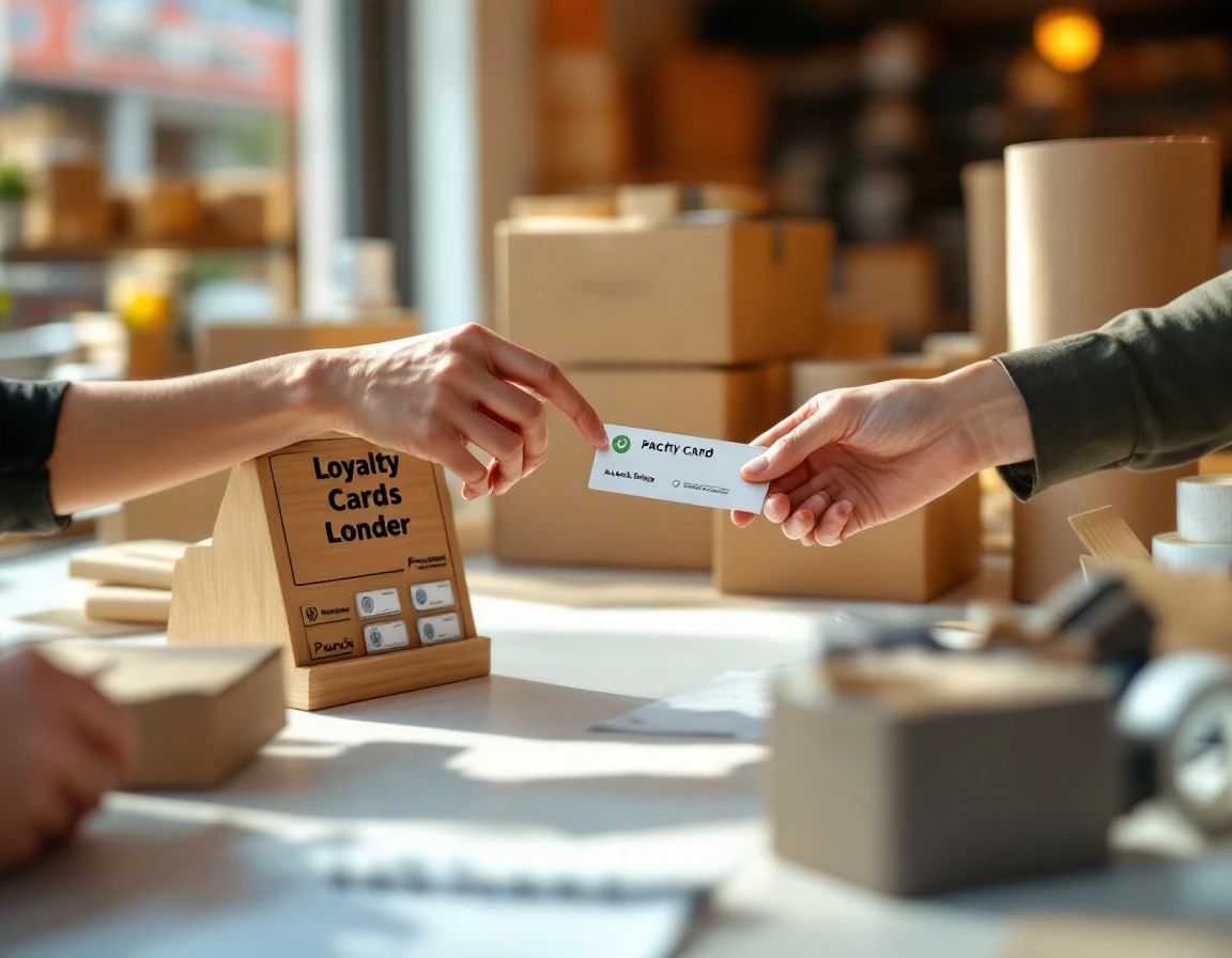 Pack-and-ship counter with loyalty cards and staff member handing punch card to returning customer