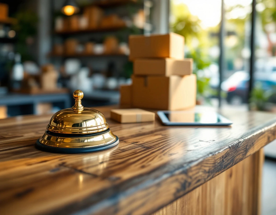 Pack-and-ship store counter with service bell and shipping materials in warm retail lighting