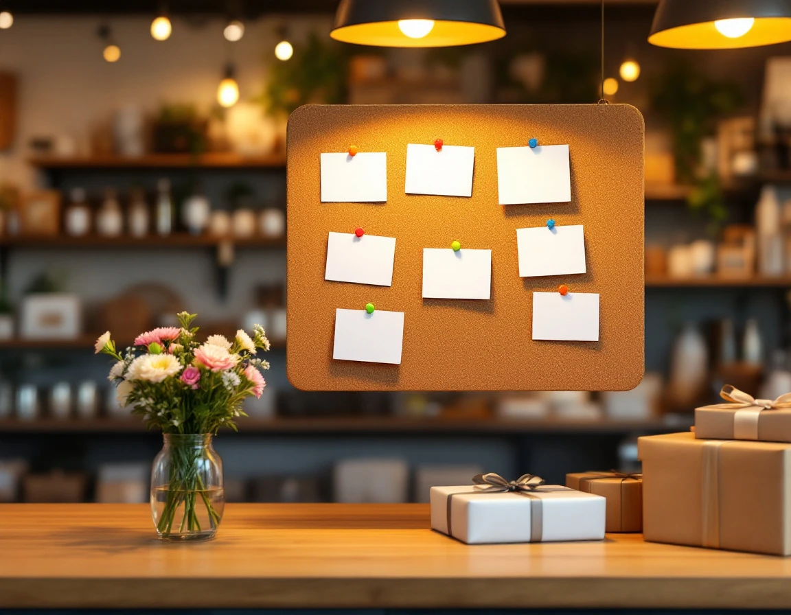 Pack-and-ship store counter with customer appreciation display, flowers, and gift boxes in warm retail setting