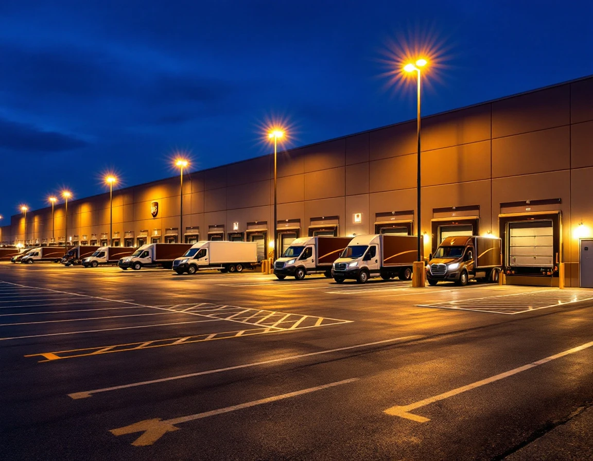 UPS distribution hub exterior with delivery trucks at loading docks during evening operations