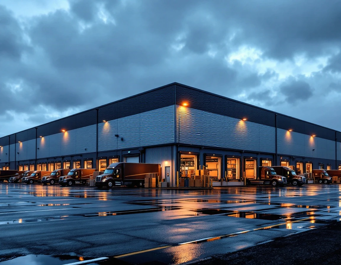 Modern UPS distribution hub with loading docks and delivery trucks during evening operations