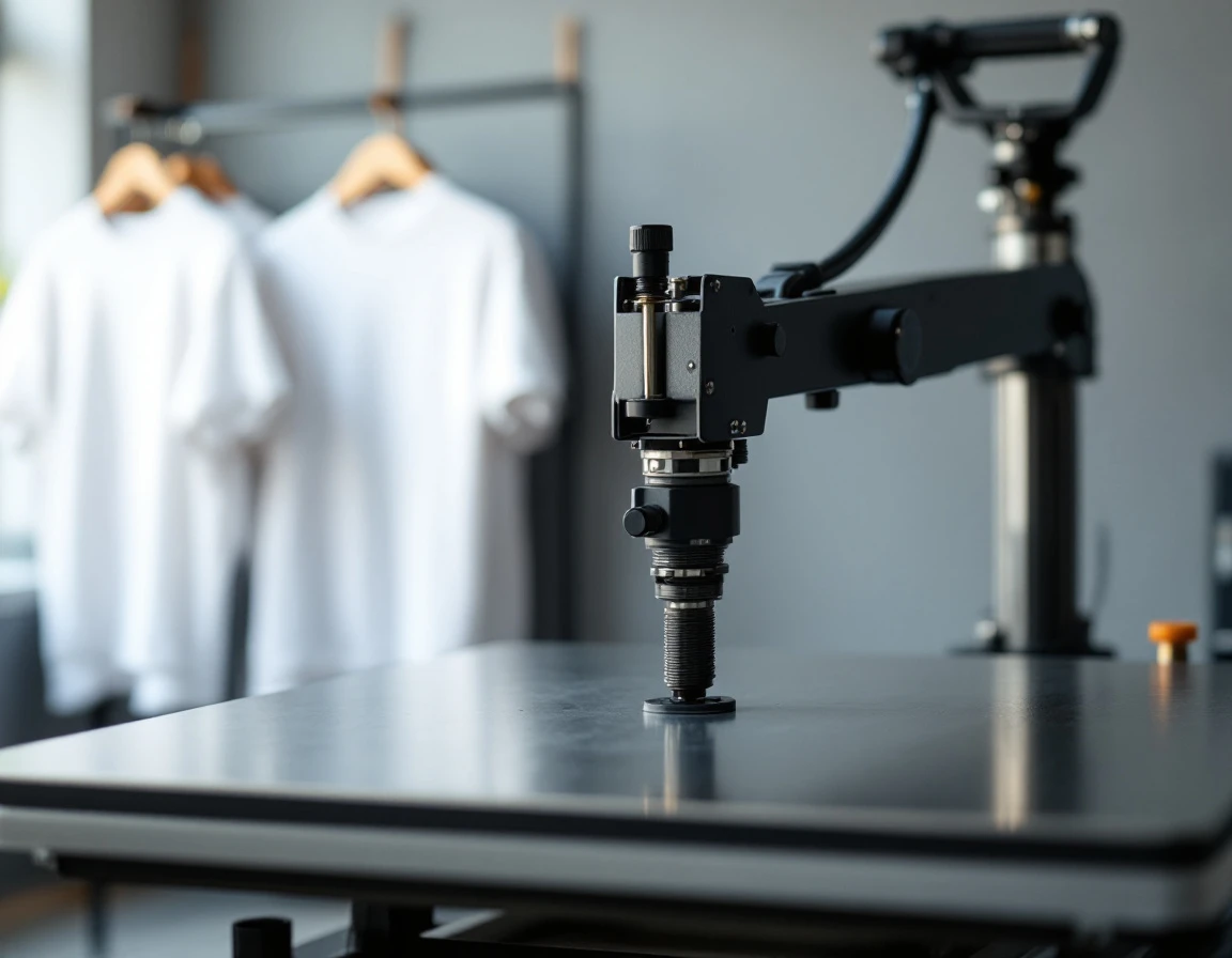 Professional heat press machine with brushed metal construction in workshop setting with apparel in background