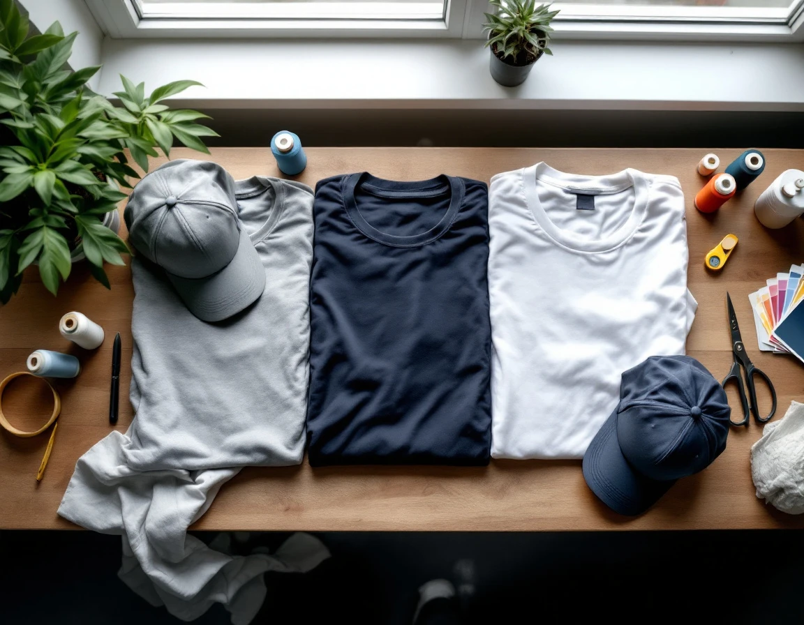Flat-lay of folded custom t-shirts and caps with printing supplies on a professional work table