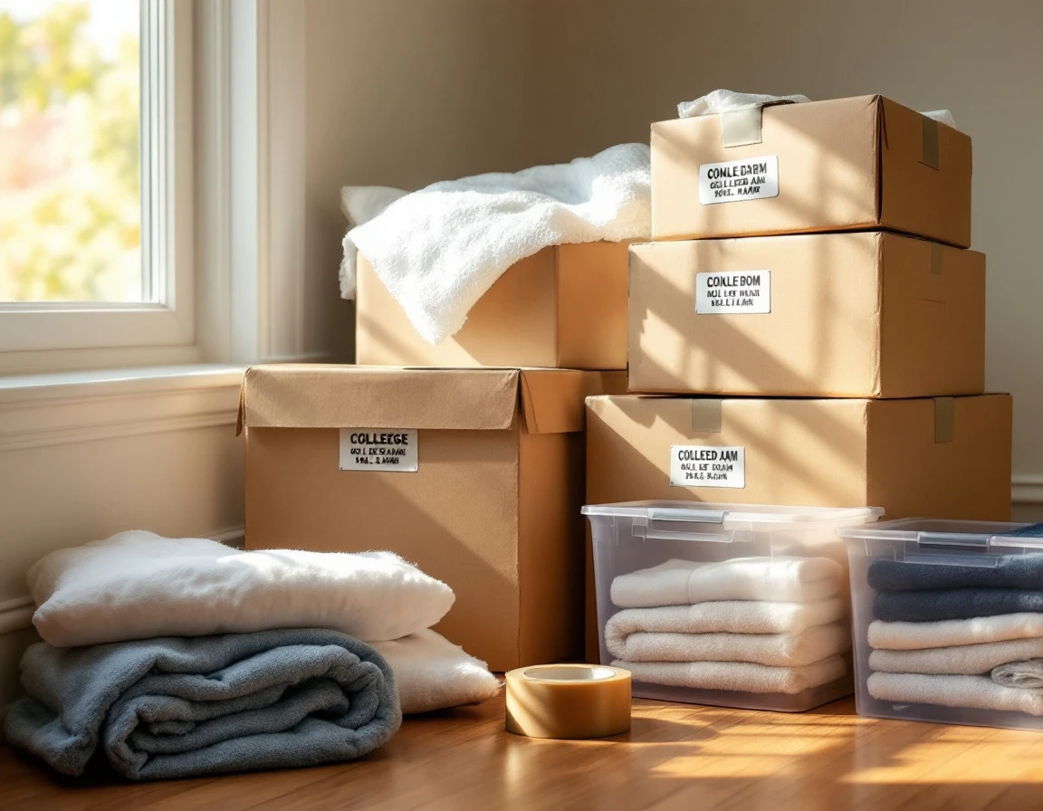 Cardboard shipping boxes with packing supplies and folded linens ready for college dorm move