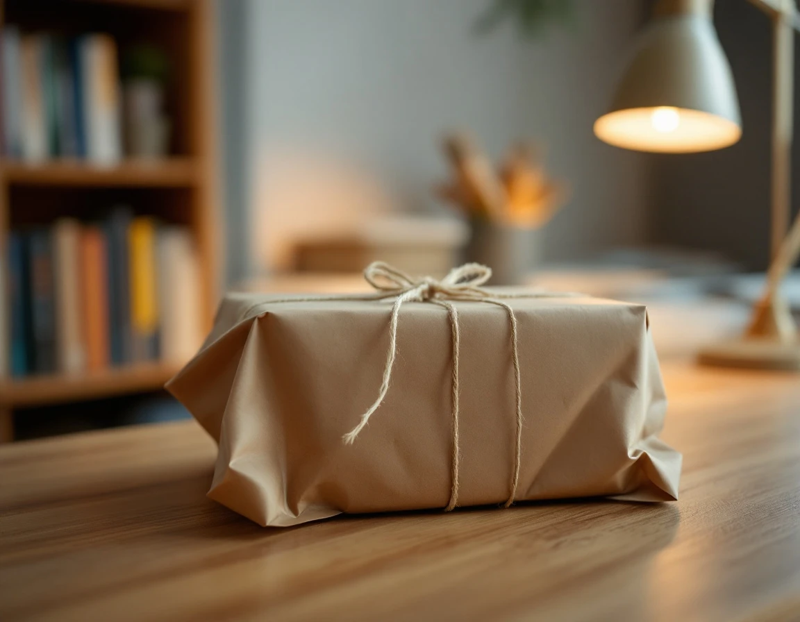 Fragile item wrapped in plain kraft paper with clear tape and twine on wooden desk with dorm room background