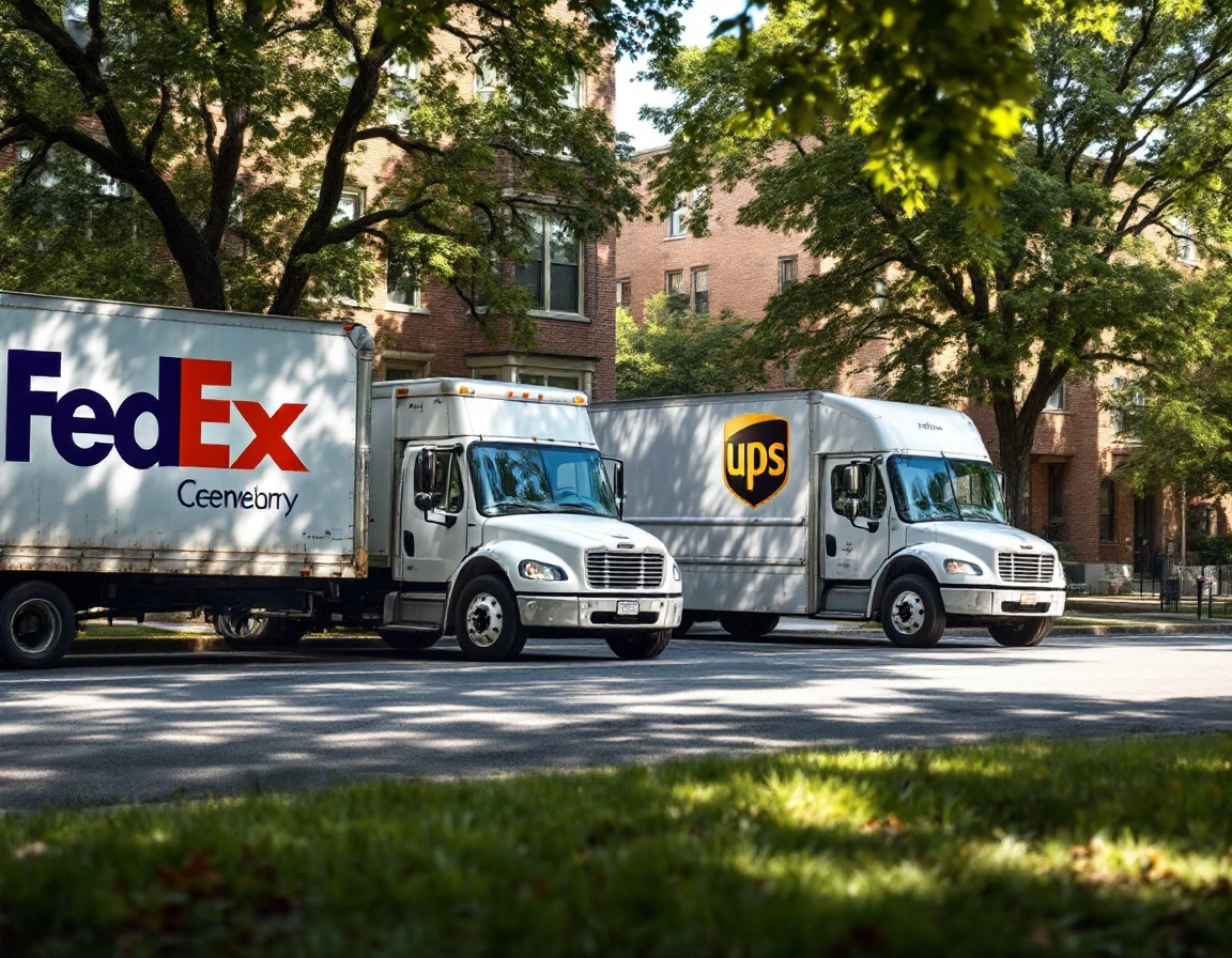 Two delivery trucks parked on campus street showing different shipping carrier options