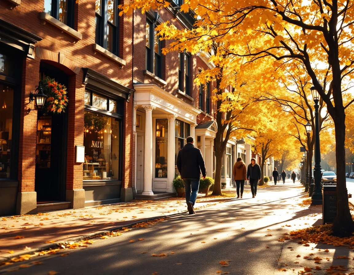 Autumn main street scene with golden trees, brick storefronts, and pedestrians during golden hour