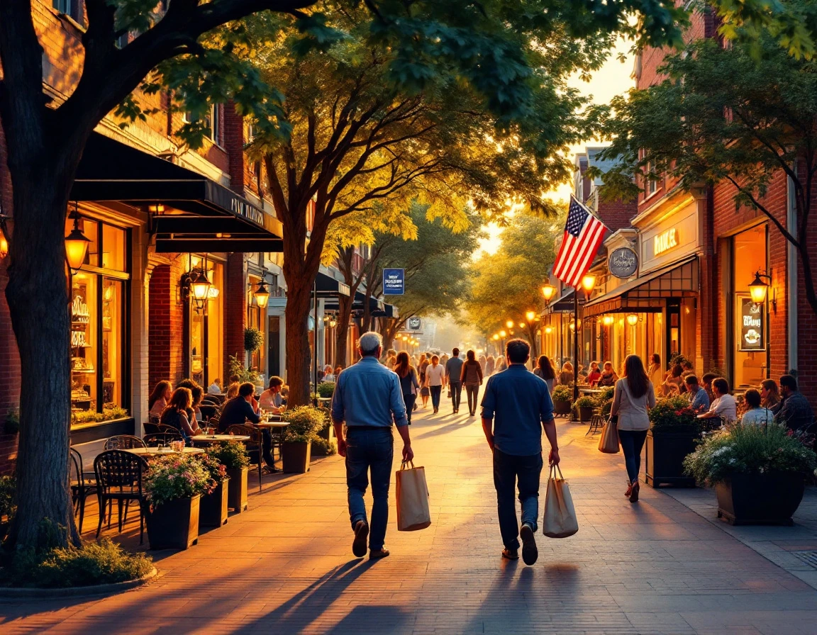Thriving small business district with pedestrians and café seating during golden hour