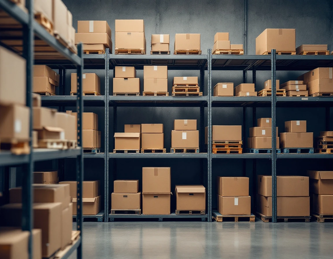 Organized warehouse shelving with plain cardboard shipping boxes in small business storage facility
