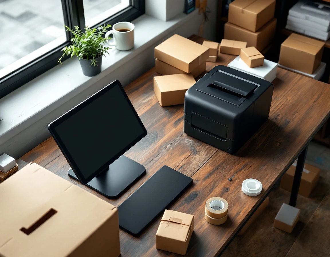 Point-of-sale terminal and shipping supplies arranged on small business office desk with natural lighting