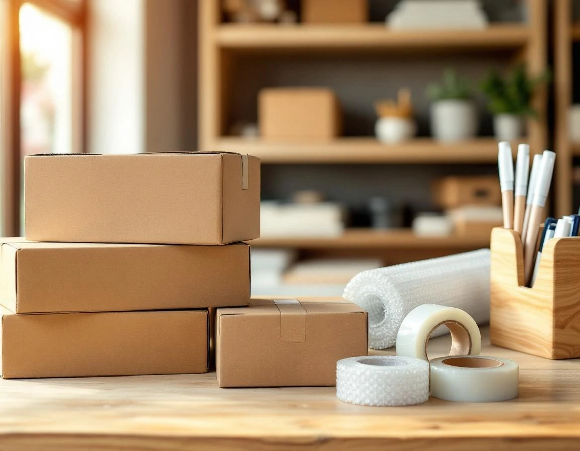 Cardboard boxes, packing tape, and shipping supplies arranged on wooden counter in retail store