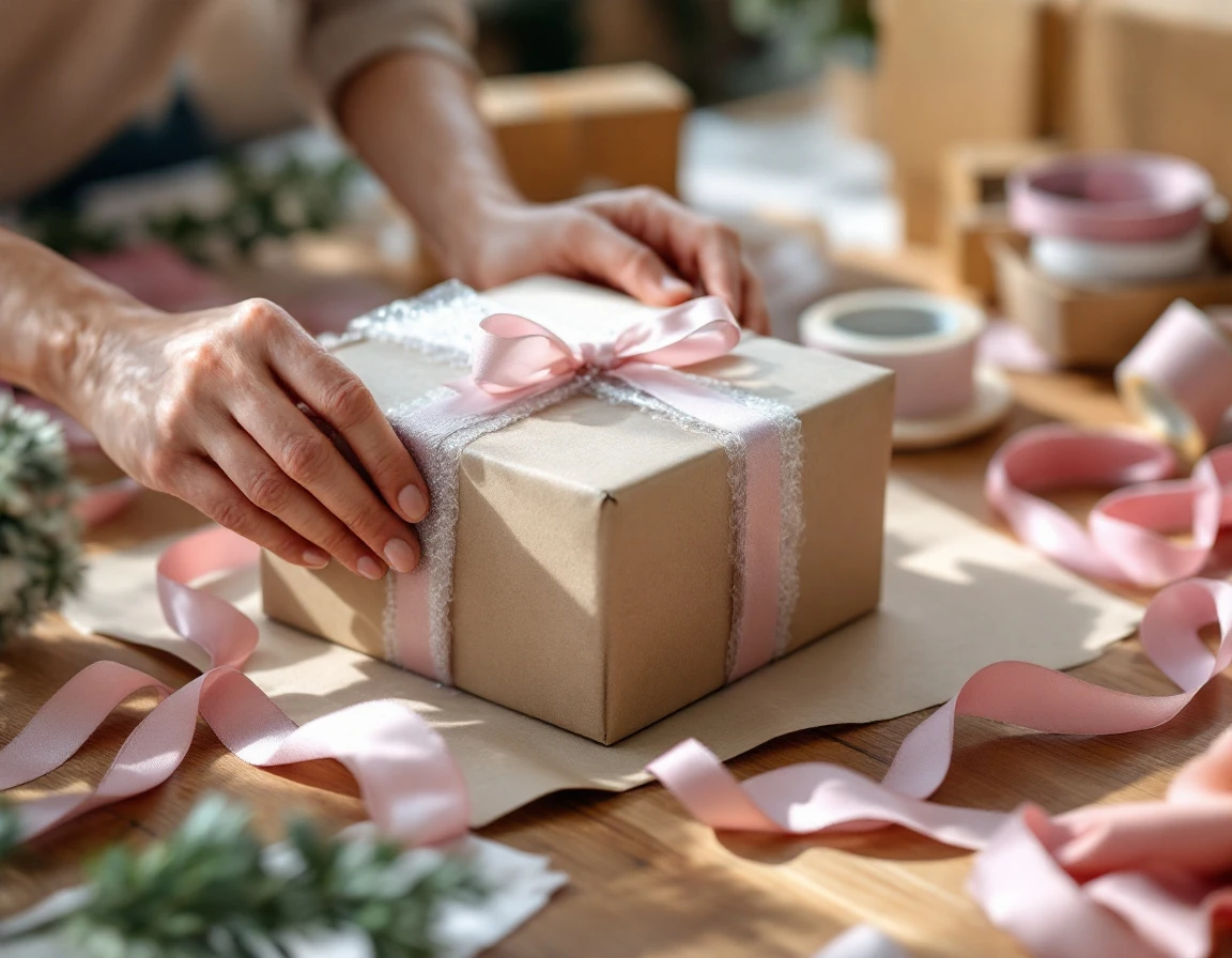 Hands wrapping Mother's Day gift with bubble wrap and protective packaging materials on shipping table