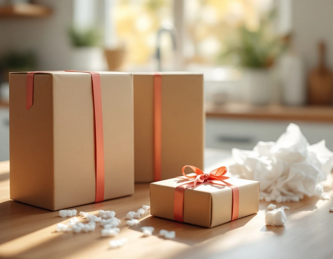 Cardboard shipping boxes with protective packing materials and wrapped gift on kitchen counter