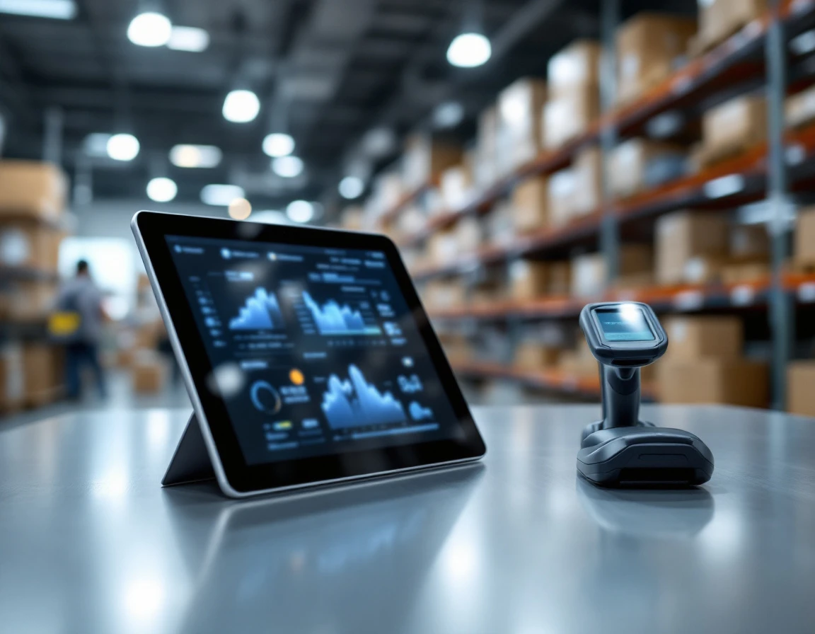 Tablet computer on retail counter with barcode scanner and warehouse shelving in background