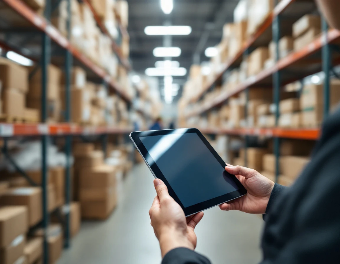 Store employee using tablet POS system for real-time inventory management in retail shipping center