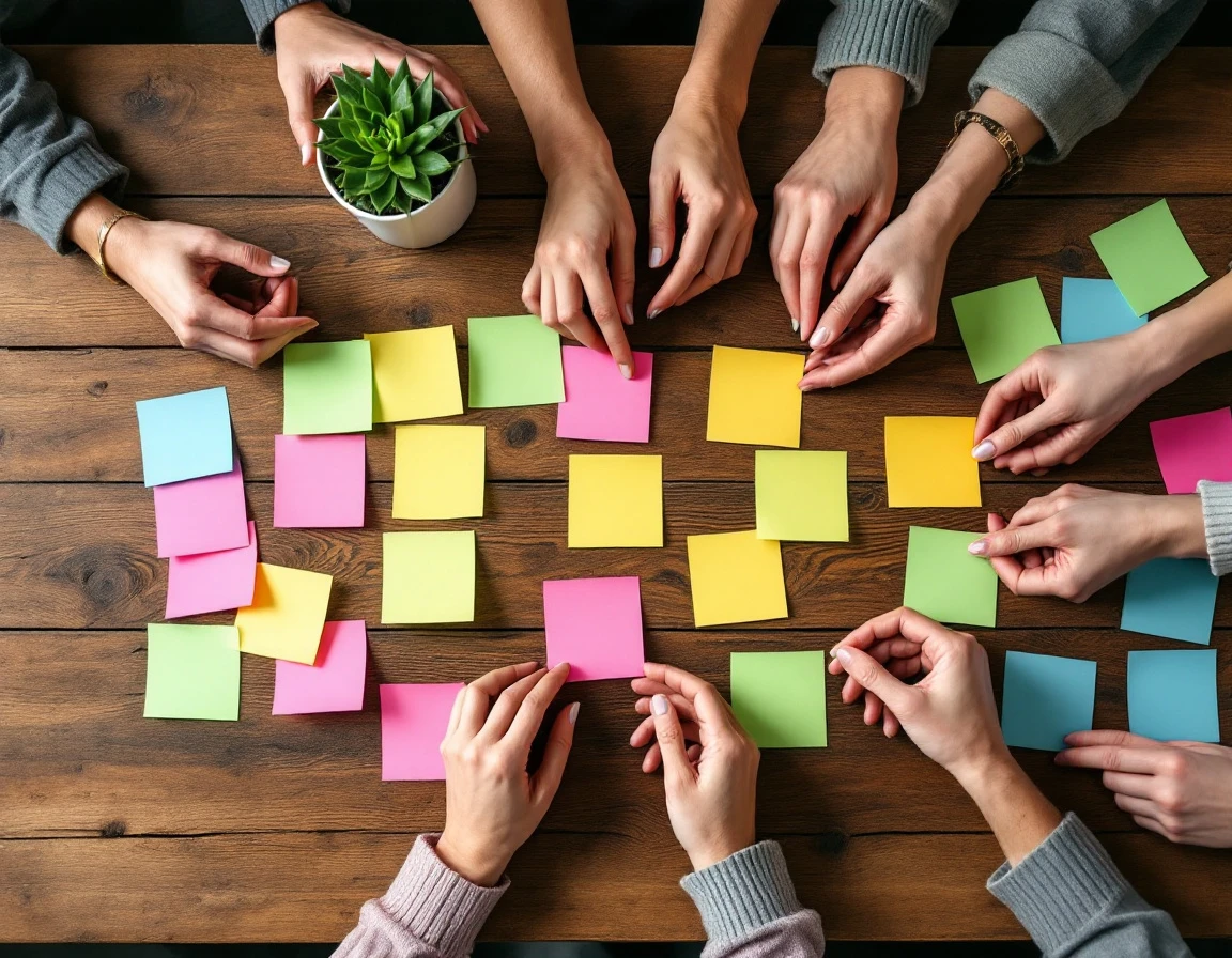 Overhead view of hands arranging blank colorful sticky notes on wooden table during customer journey mapping session
