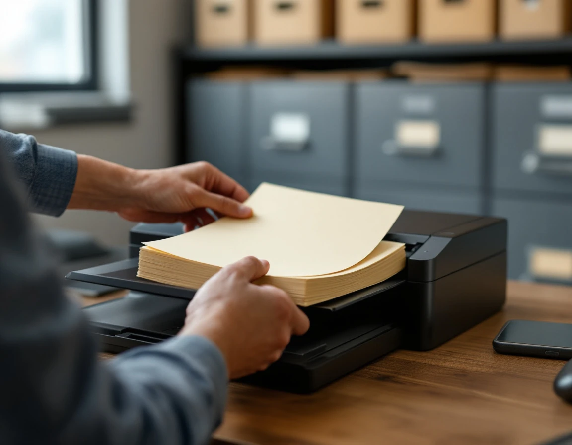 Professional document scanner processing legal papers in busy office with filing systems