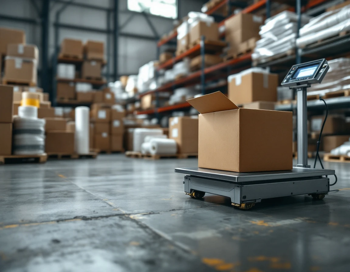 Warehouse scale and shipping supplies in professional packing facility with worker preparing international package
