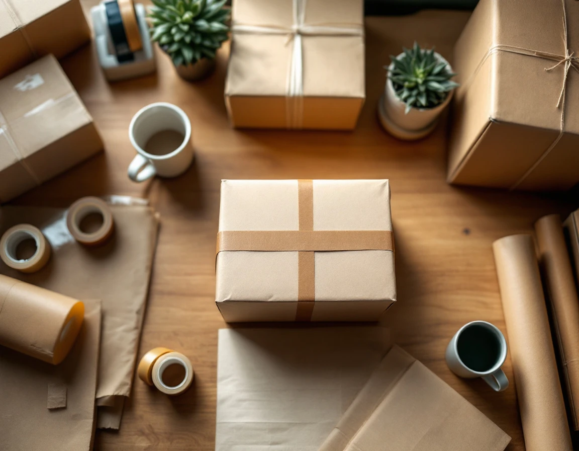 Organized workspace with international shipping supplies and partially wrapped package on wooden desk