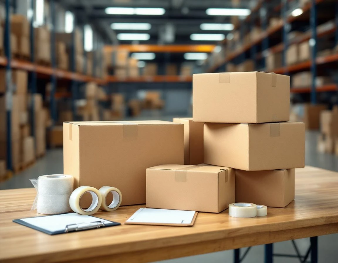 Cardboard shipping boxes and packing materials arranged on warehouse desk with industrial lighting