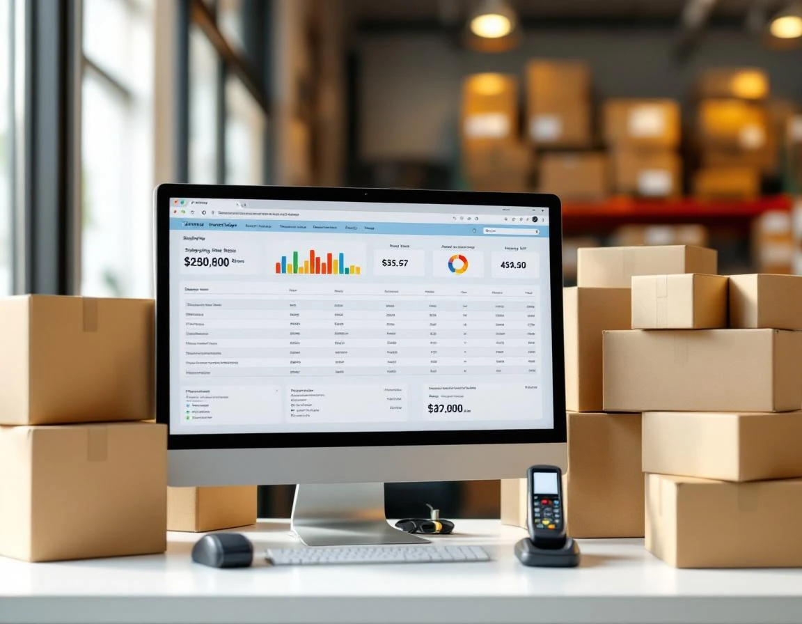 Computer monitor showing shipping rate comparison software beside stacked cardboard boxes in pack-and-ship store