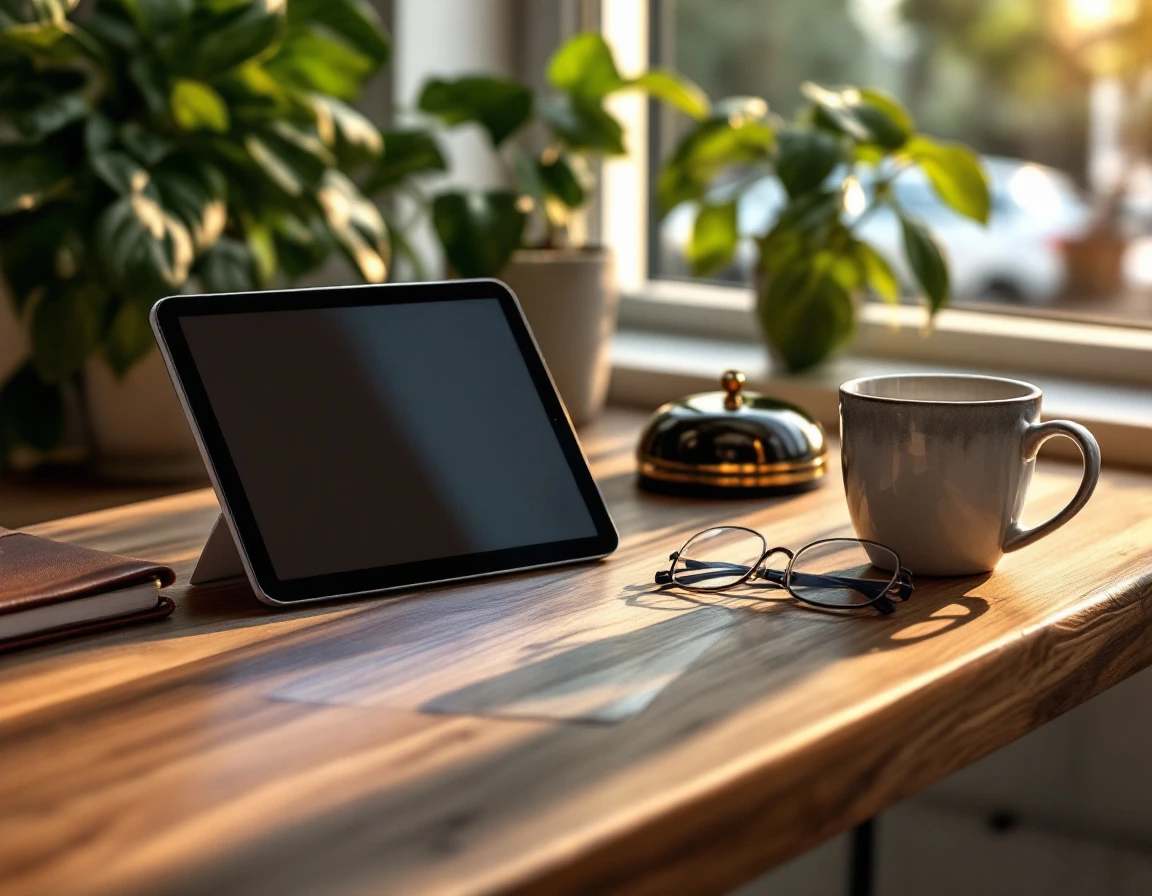 Service desk with customer data tablet and authentic materials in natural afternoon light