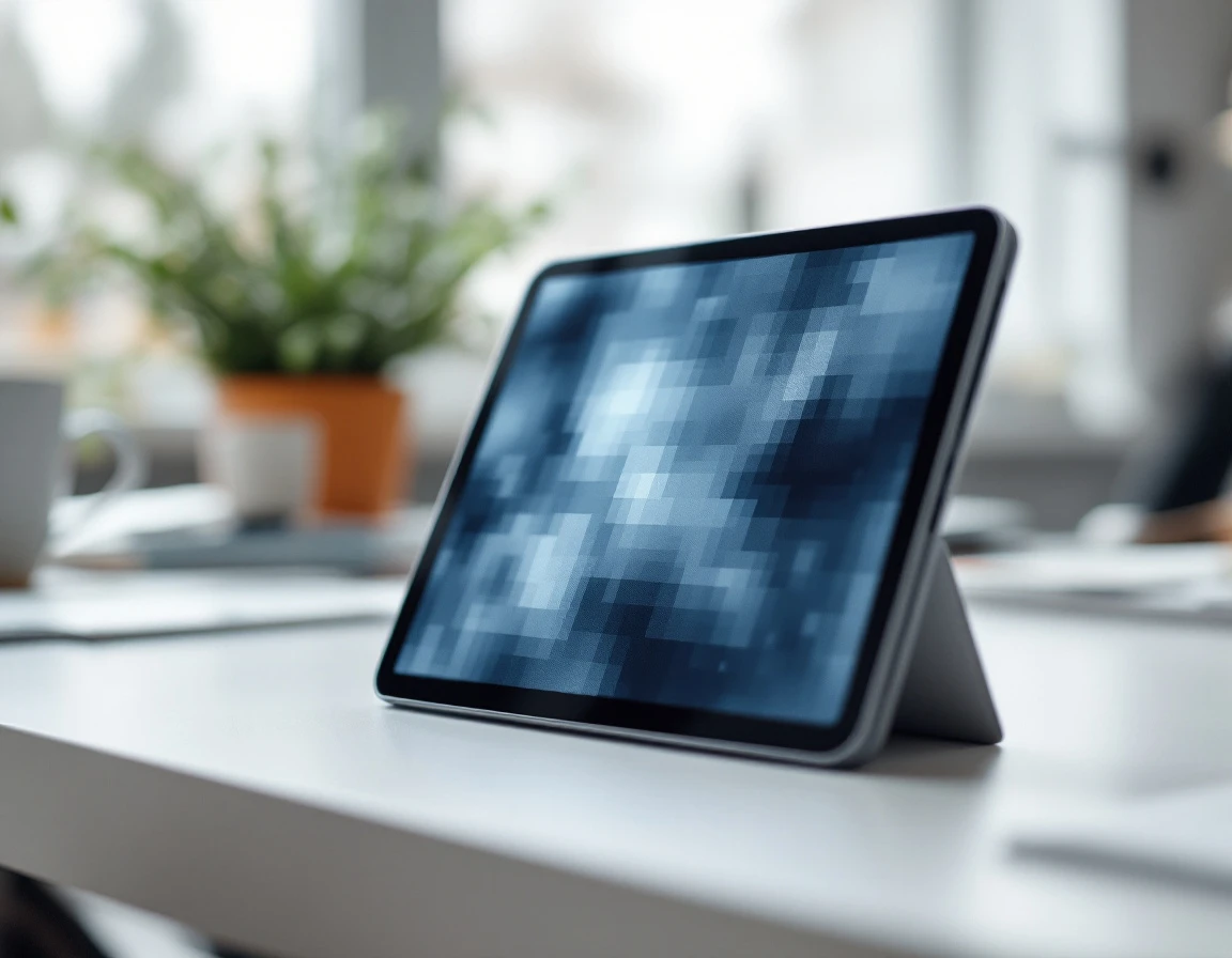 Tablet device on office desk with obscured screen display in Pacific Northwest workspace