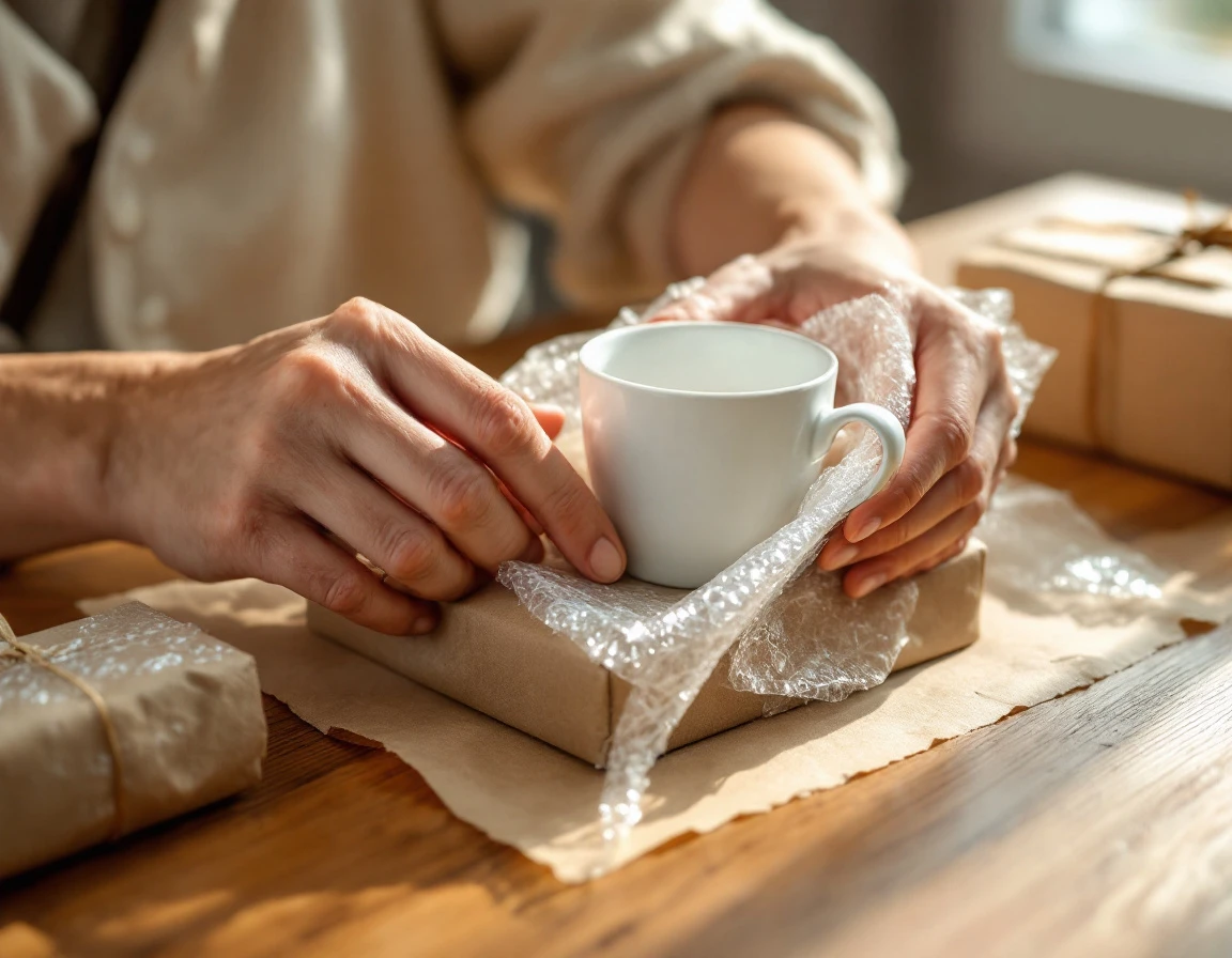 Hands wrapping ceramic cup in bubble wrap and kraft paper with natural window lighting