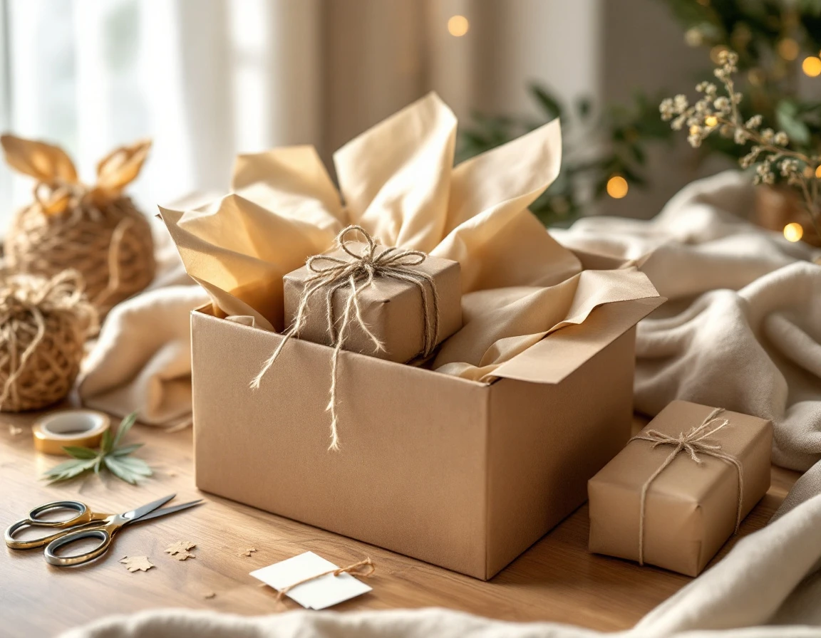 Gift boxes wrapped with natural twine and tissue paper alongside shipping materials on wooden surface