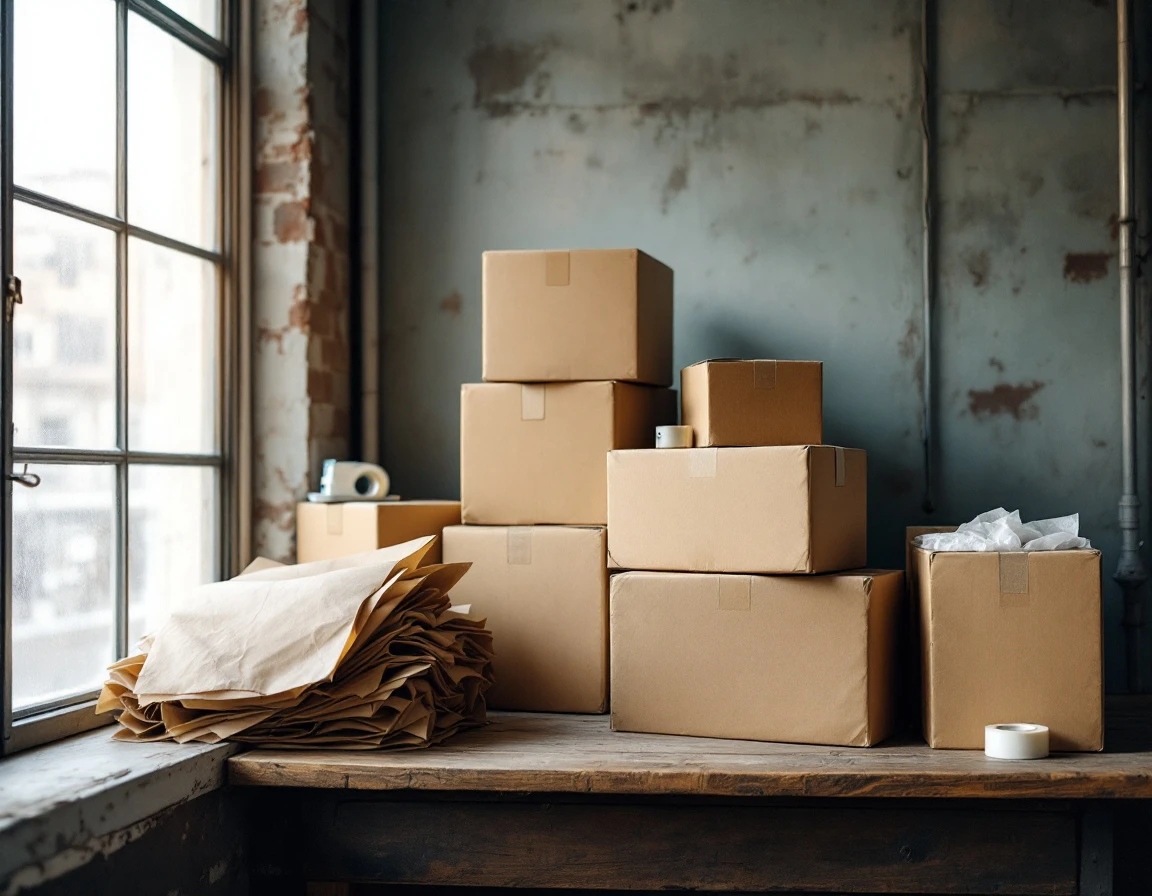 Plain cardboard boxes and packing materials on wooden counter in natural window light