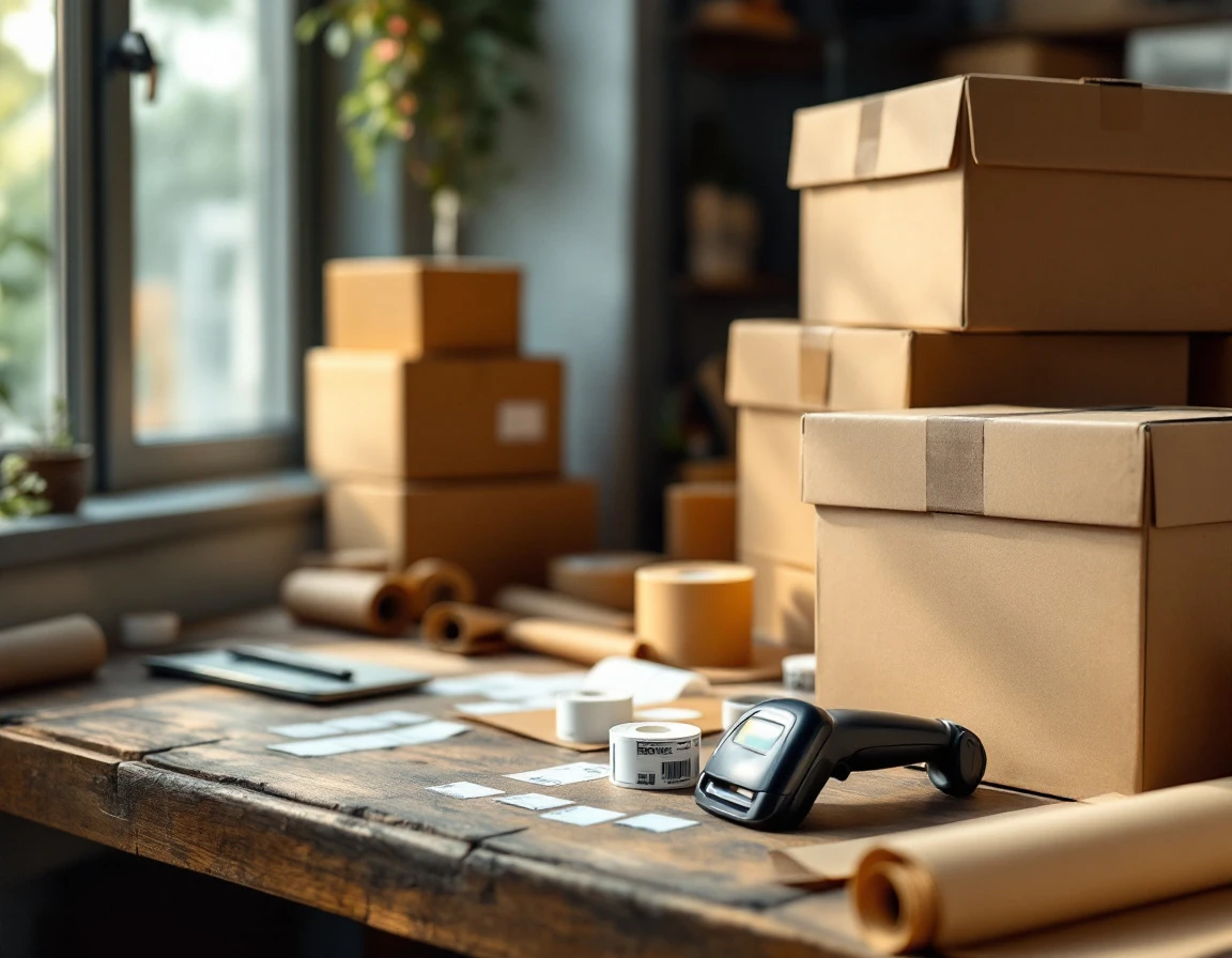 Shipping workspace with boxes, packing materials, and barcode scanner on desk