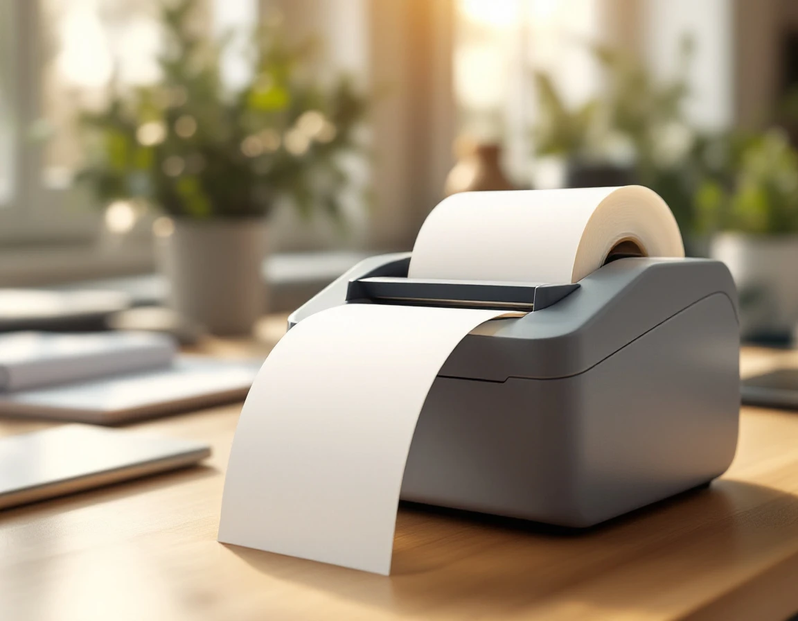 Thermal label printer on home office desk with blank label paper roll in natural window lighting