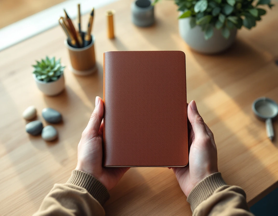 Hands holding brown leather journal above wooden desk with office supplies and natural window lighting