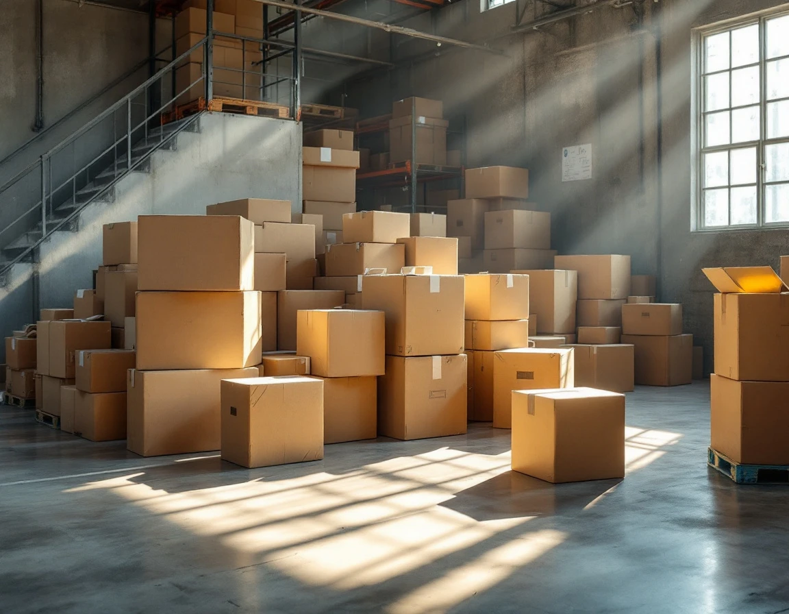 Working warehouse interior with cardboard boxes and natural daylight showing authentic logistics operations