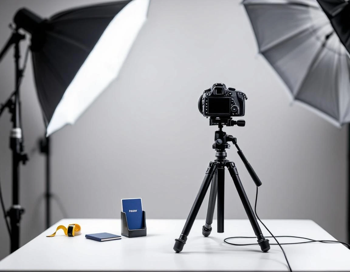 Professional passport photography equipment setup with calibrated lighting and backdrop standards