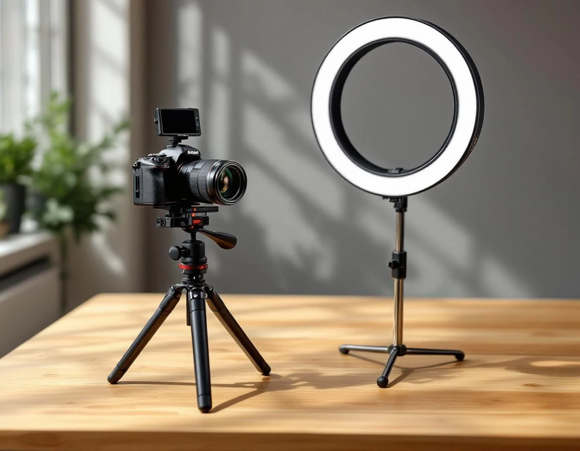 Professional camera and lighting equipment arranged on wooden desk in natural studio setting