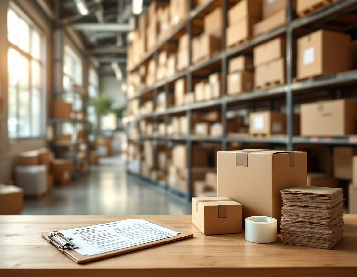 Organized shipping boxes and packing supplies on retail store shelves with natural lighting and inventory clipboard