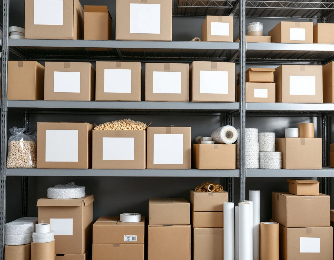 Organized warehouse shelving stocked with shipping supplies and blank cardboard boxes in a retail storage area