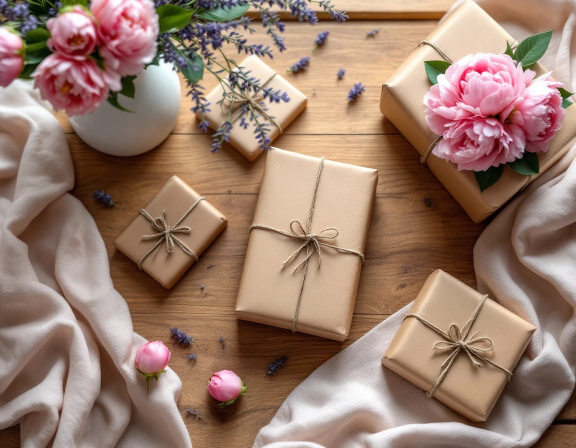 Kraft paper packages with twine bows surrounded by pink peonies and lavender on wooden surface