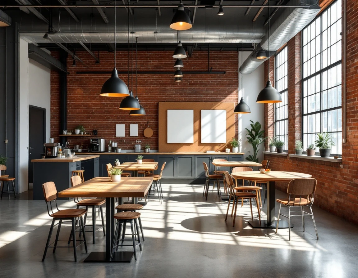 Modern industrial loft workspace with exposed brick, wooden tables, and natural lighting designed for young professionals