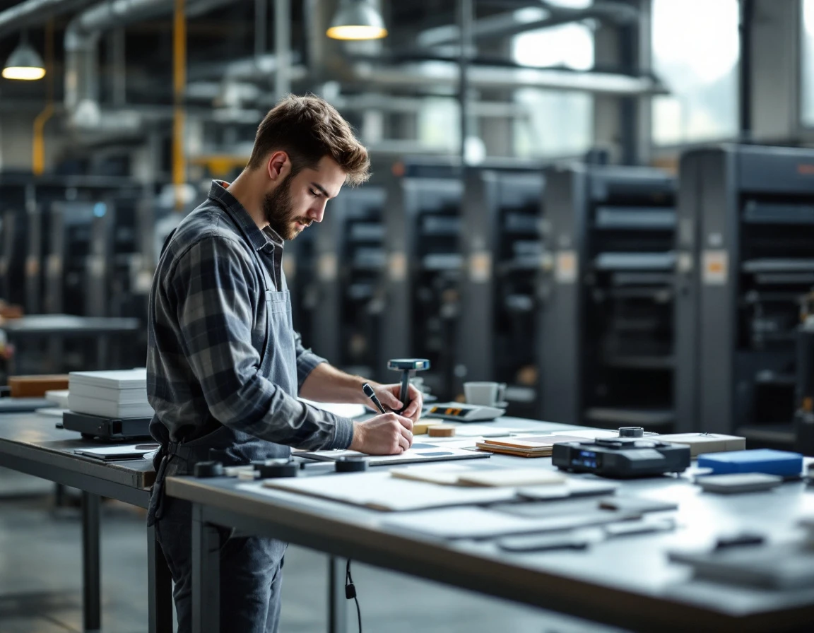 Professional printing tools and materials arranged on workbench in modern print shop apprenticeship training area