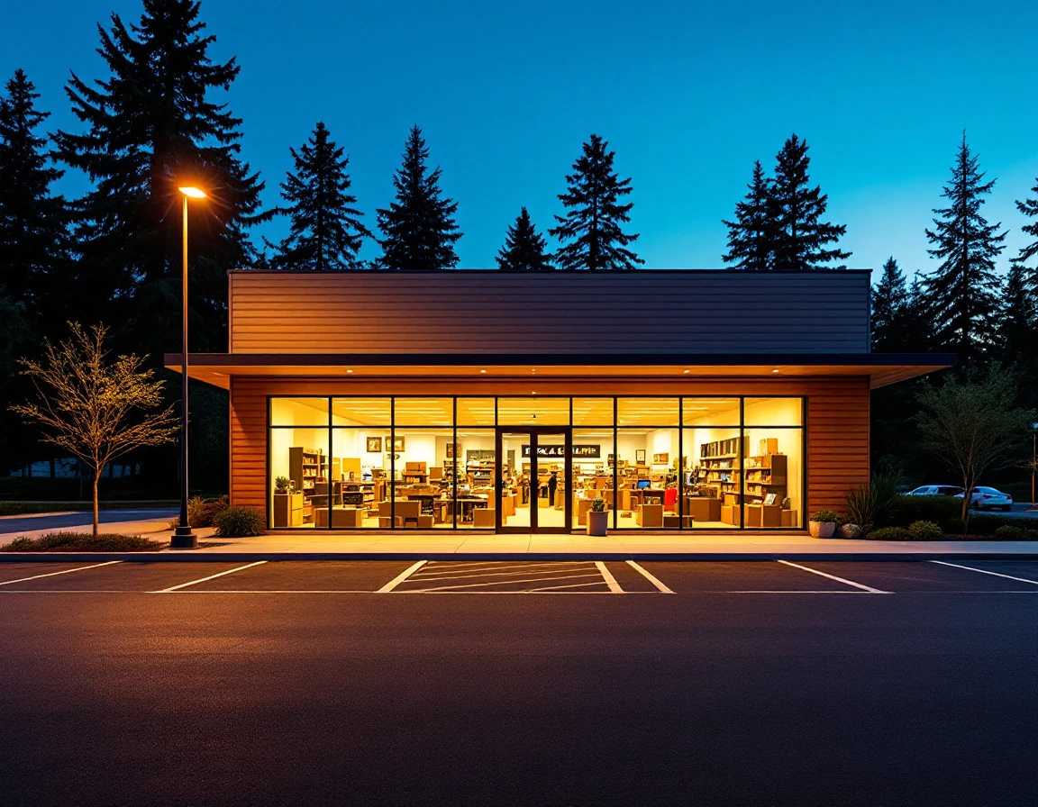 Modern pack-and-ship retail storefront at evening with warm interior lighting and parking lot
